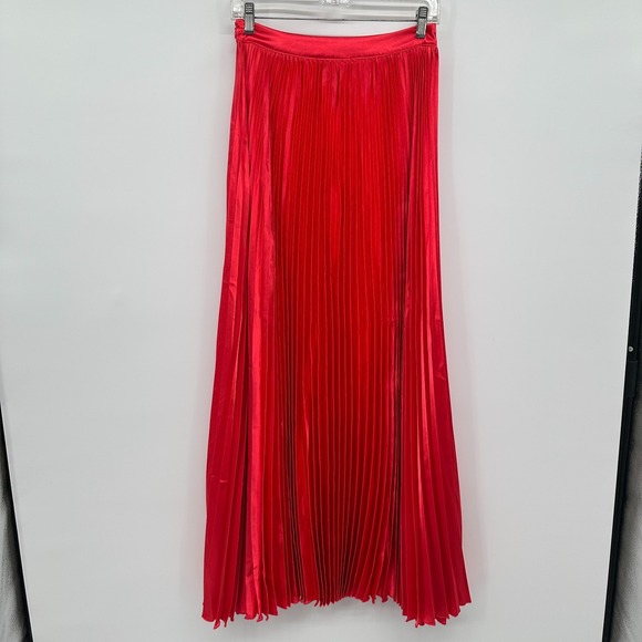Aakaa Maxi Skirt Size Medium Accordion Pleats Red Satin Long Length Romantic - Picture 7 of 12